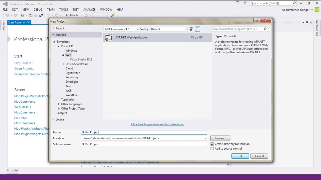 Yeni Asp.Net Web Application Ekranı