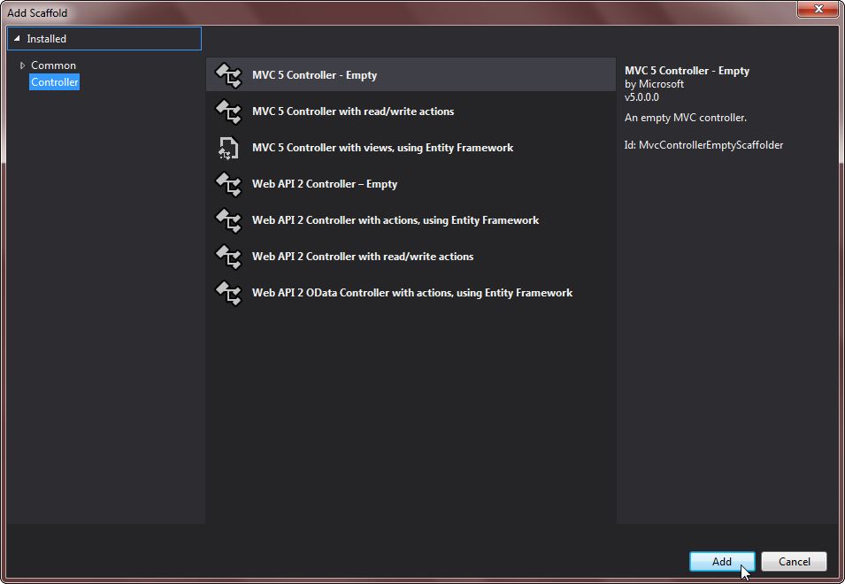 Controller ekleme ekranı