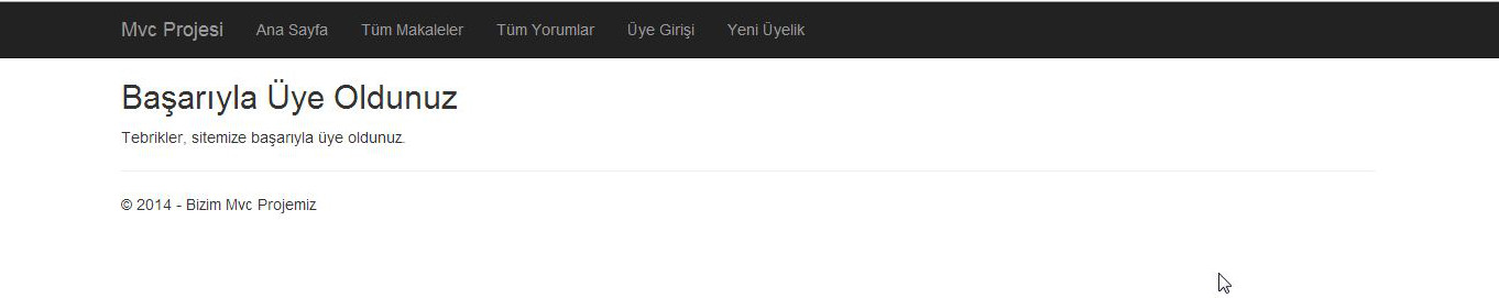 Üyelik Başarılı ekranı