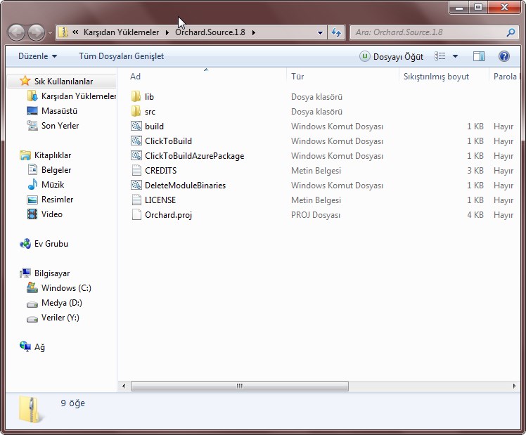 Orchard klasör içeriği