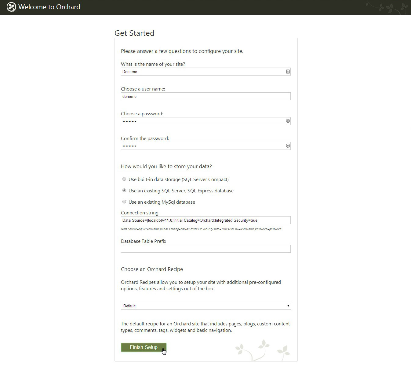 Orchard kurulum ayarları