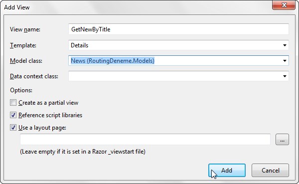 GetNewByTitle View sayfası ekleme