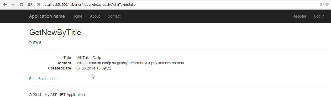 GetNewByTitle metodu Route'li ekran çıktısı